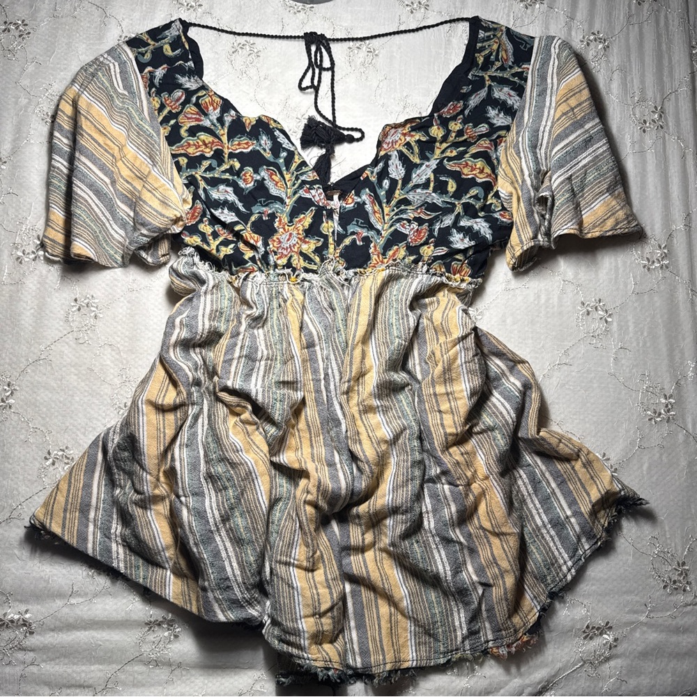 free people bohemian striped floral mini dress – size medium - Picture 3 of 6